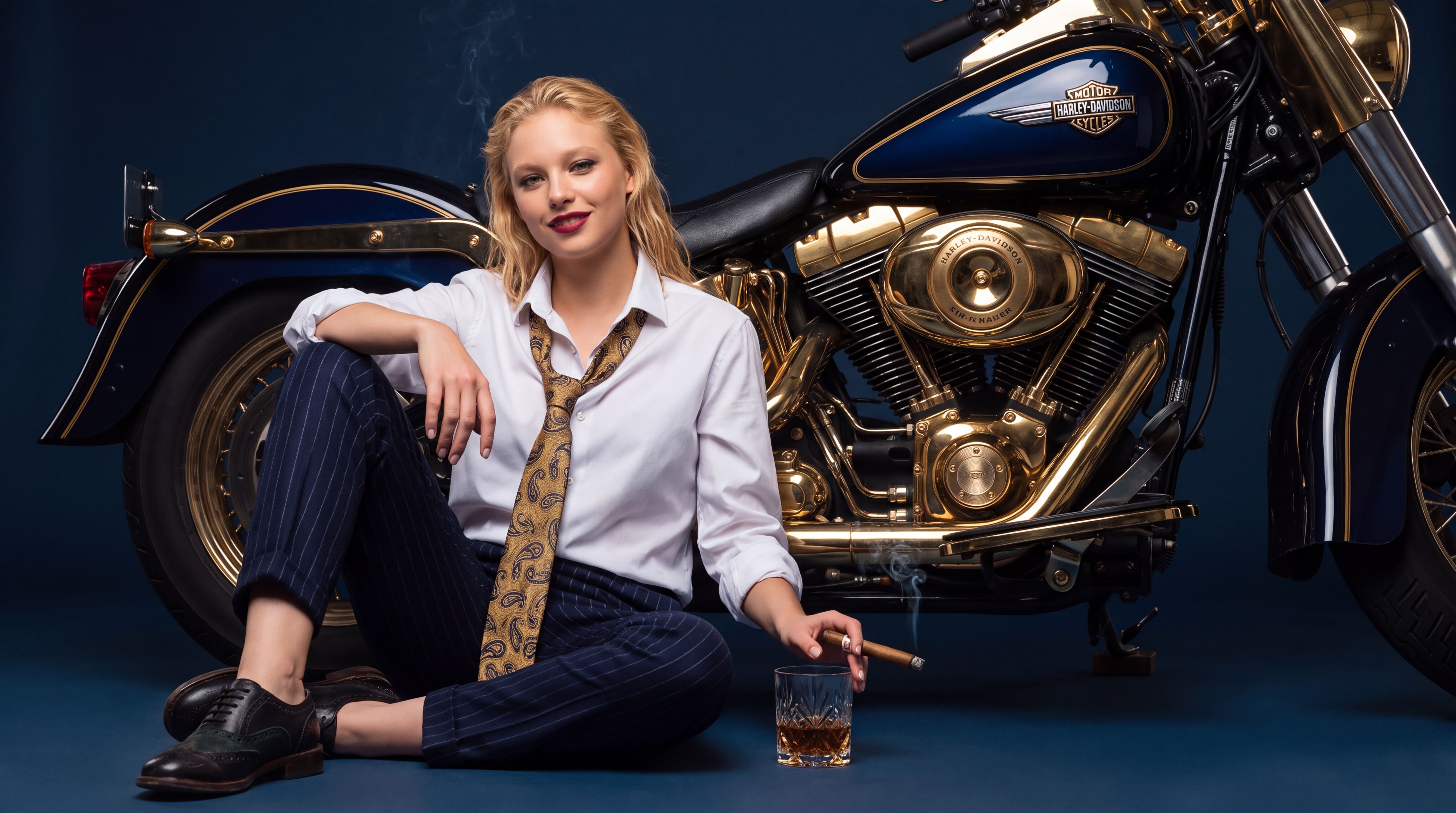 A figure in a white shirt and a gold paisley tie sits on the floor beside a navy and gold motorcycle, a cigar in one hand and a cut-crystal glass of whisky beside the other.