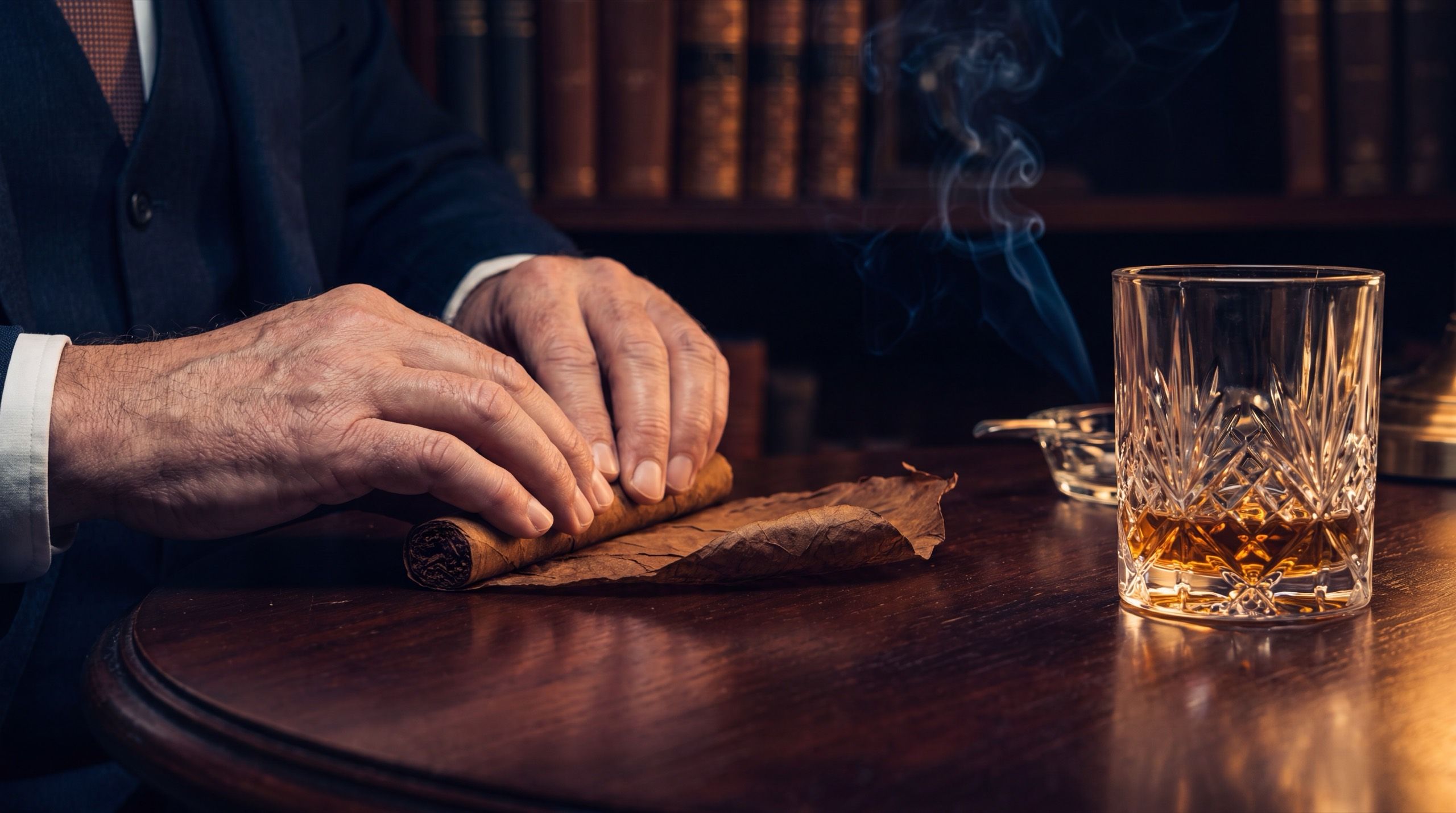 A man's weathered hands roll a cigar on a polished mahogany table in a low-lit club library, a cut-crystal glass of whisky and a curl of smoke beside them.